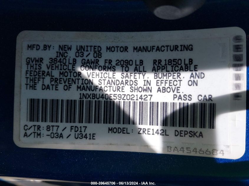 2009 Toyota Corolla S VIN: 1NXBU40E59Z021427 Lot: 39645706