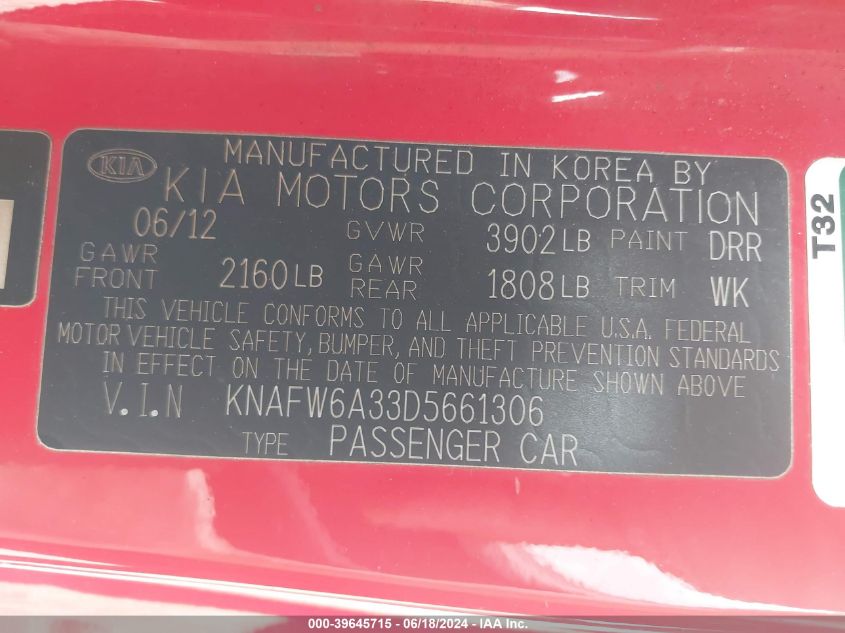 2013 Kia Forte Koup Sx VIN: KNAFW6A33D5661306 Lot: 39645715