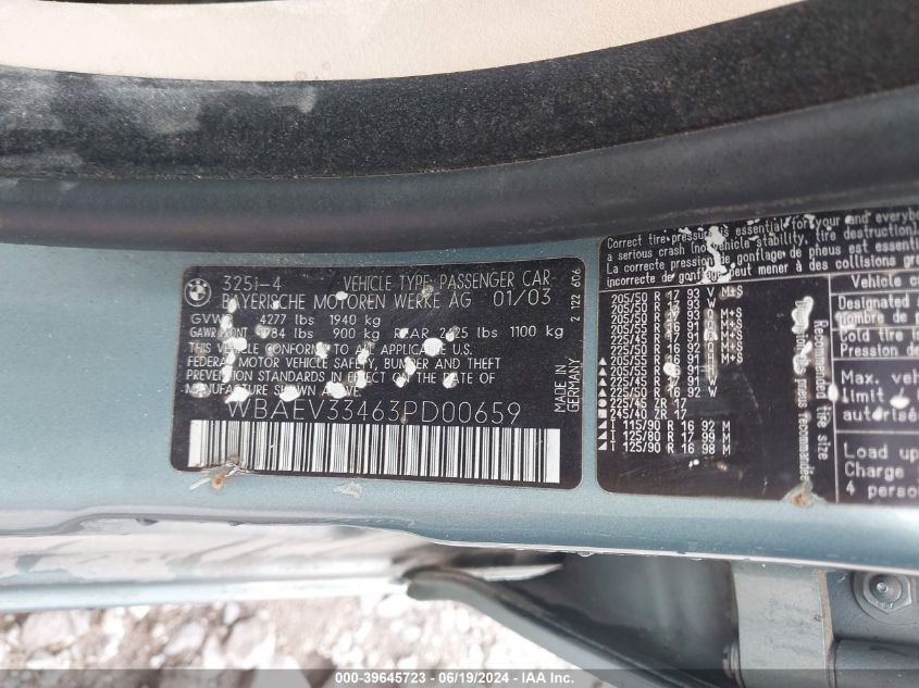 2003 BMW 325I VIN: WBAEV33463PD00659 Lot: 39645723