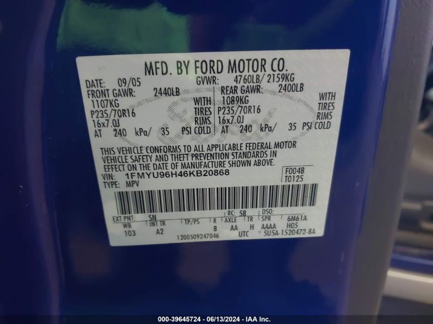 2006 Ford Escape Hybrid VIN: 1FMYU96H46KB20868 Lot: 39645724