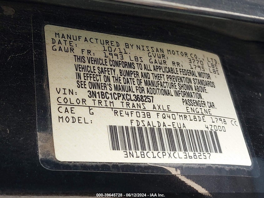 2012 Nissan Versa 1.8 S VIN: 3N1BC1CPXCL368257 Lot: 39645728