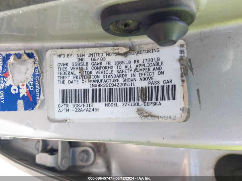 2004 Toyota Corolla S VIN: 1NXBR32E94Z205111 Lot: 39645747