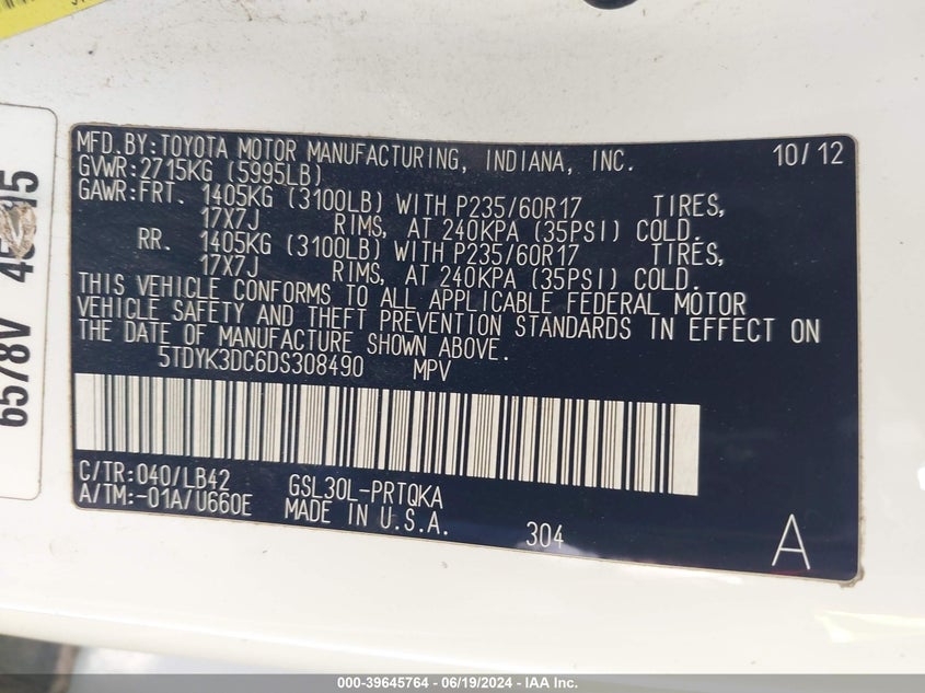 2013 Toyota Sienna Xle V6 8 Passenger VIN: 5TDYK3DC6DS308490 Lot: 39645764