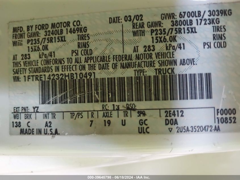 2002 Ford E-150 Commercial/Recreational VIN: 1FTRE14232HB10491 Lot: 39645798