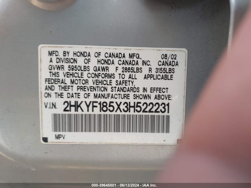 2003 Honda Pilot Ex-L VIN: 2HKYF185X3H522231 Lot: 39645801