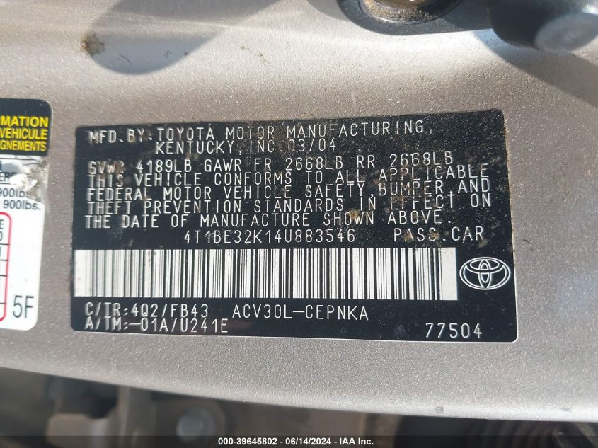 2004 Toyota Camry Le VIN: 4T1BE32K14U883546 Lot: 39645802