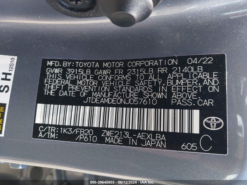 2022 Toyota Corolla Hybrid Le VIN: JTDEAMDE0NJ057610 Lot: 39645803