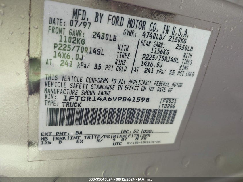 1997 Ford Ranger Xl/Xlt VIN: 1FTCR14A6VPB41598 Lot: 39645824