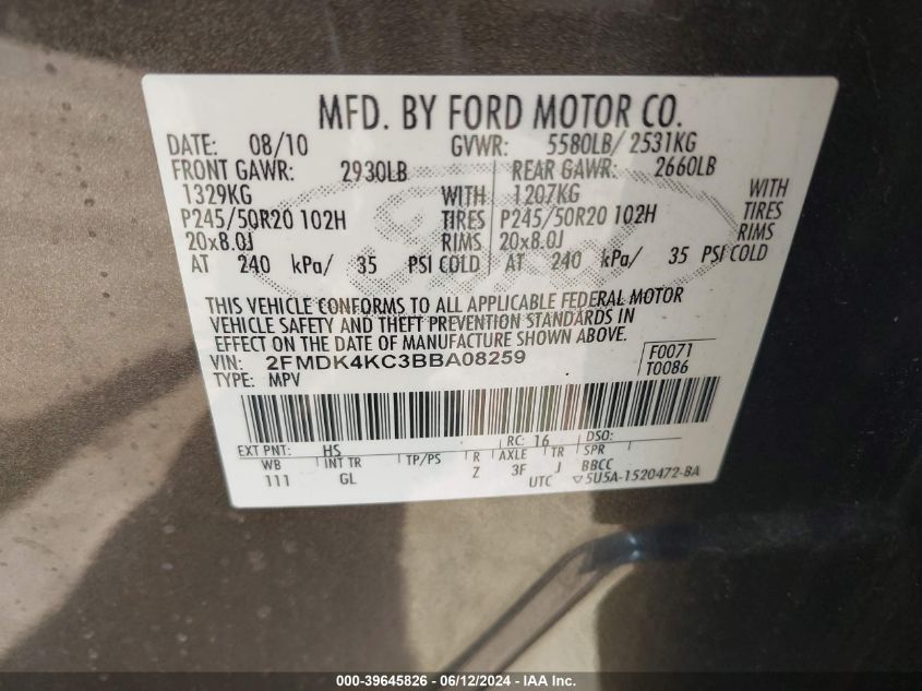 2FMDK4KC3BBA08259 2011 Ford Edge Limited