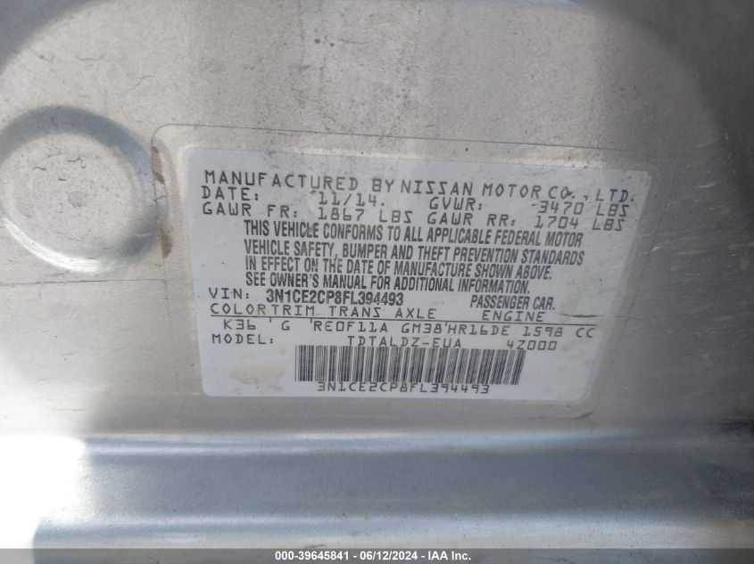 2015 Nissan Versa Note S (Sr)/S Plus/Sl/Sr/Sv VIN: 3N1CE2CP8FL394493 Lot: 39645841