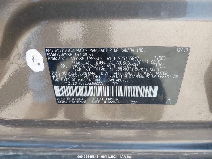 2011 Toyota Rav4 VIN: 2T3ZF4DV2BW066258 Lot: 39645845