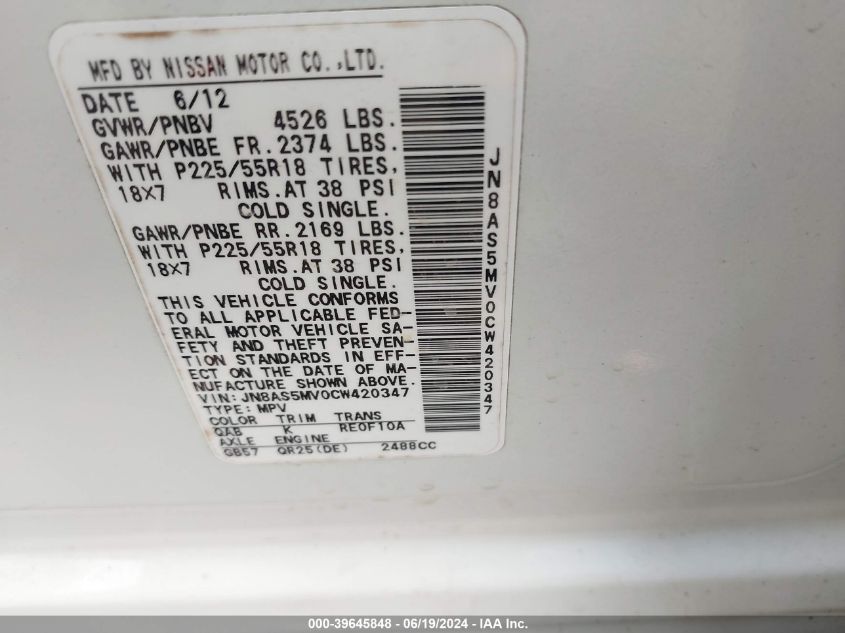 2012 Nissan Rogue Sv W/Sl Pkg VIN: JN8AS5MV0CW420347 Lot: 39645848