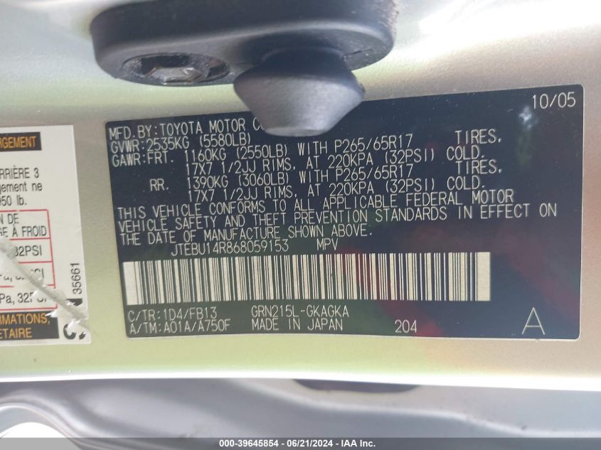 2006 Toyota 4Runner Sr5 Sport V6 VIN: JTEBU14R868059153 Lot: 39645854