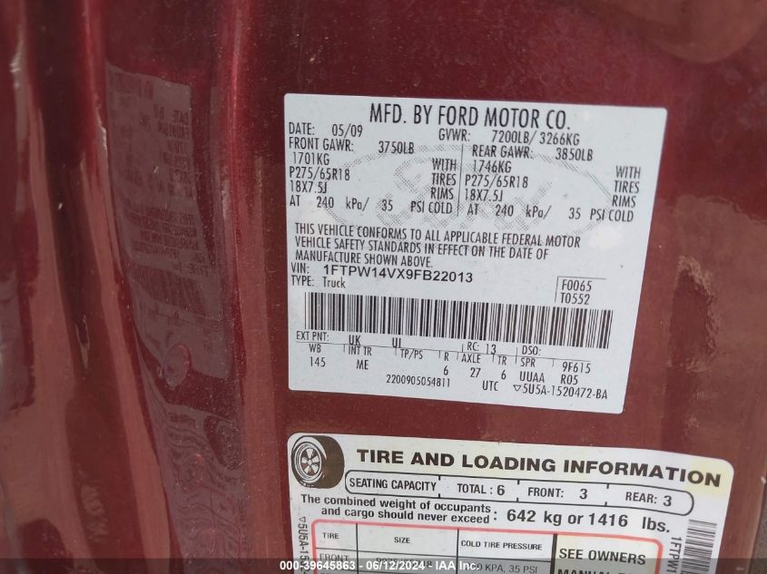 2009 Ford F-150 Fx4/King Ranch/Lariat/Platinum/Xl/Xlt VIN: 1FTPW14VX9FB22013 Lot: 39645863