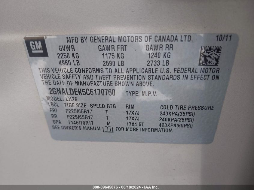 2012 Chevrolet Equinox 1Lt VIN: 2GNALDEK5C6170760 Lot: 39645876