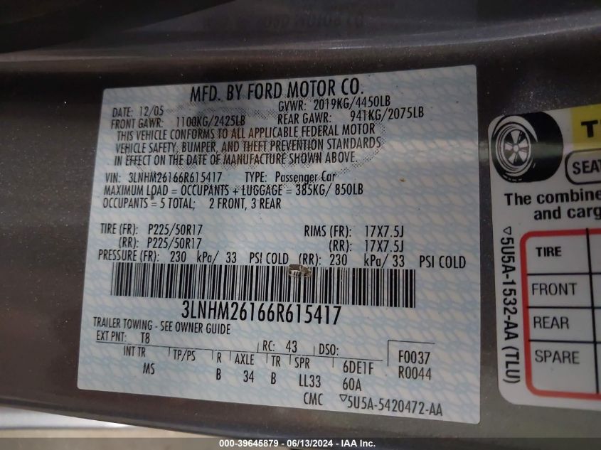 2006 Lincoln Zephyr VIN: 3LNHM26166R615417 Lot: 39645879