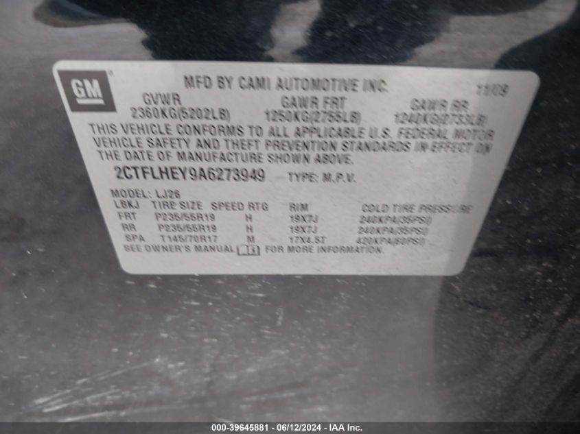 2010 GMC Terrain Slt-2 VIN: 2CTFLHEY9A6273949 Lot: 39645881