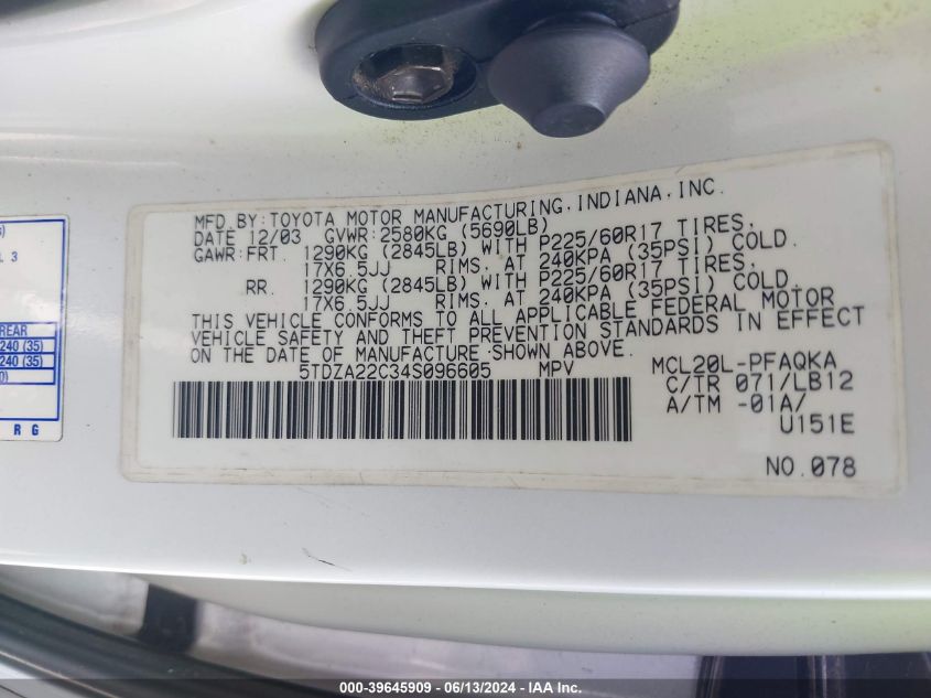 2004 Toyota Sienna Xle Limited VIN: 5TDZA22C34S096605 Lot: 39645909