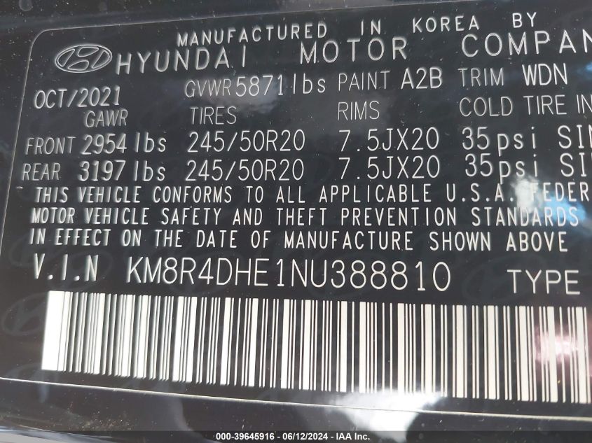 2022 Hyundai Palisade Sel VIN: KM8R4DHE1NU388810 Lot: 39645916