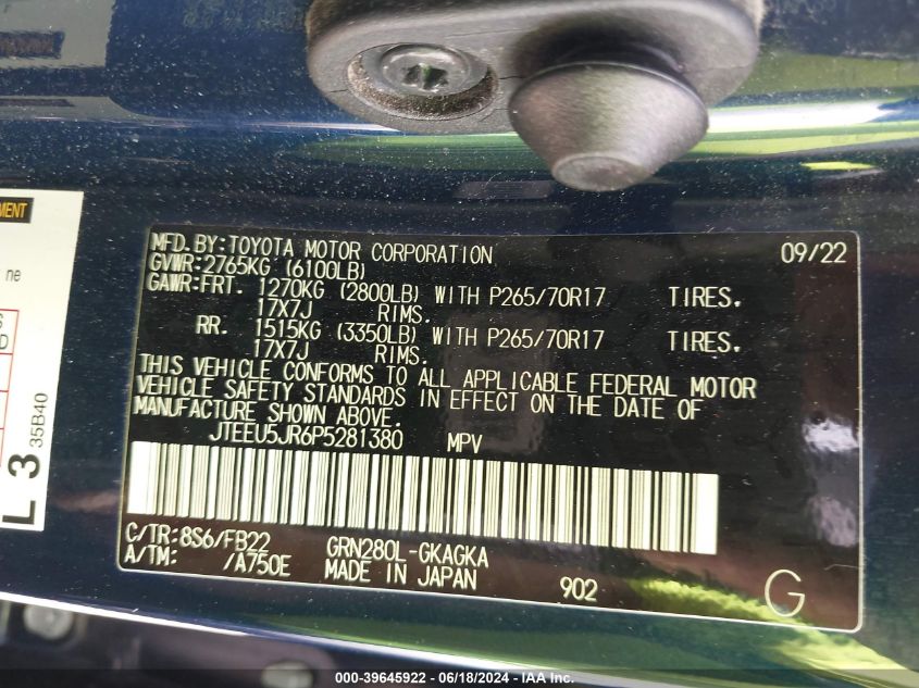 2023 Toyota 4Runner Sr5 VIN: JTEEU5JR6P5281380 Lot: 39645922