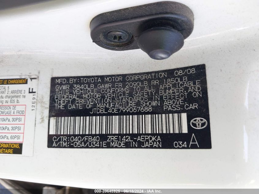 2009 Toyota Corolla VIN: JTDBL40E799067688 Lot: 39645925