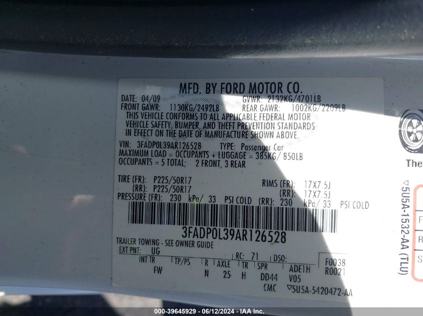 2010 Ford Fusion Hybrid VIN: 3FADP0L39AR126528 Lot: 39645929