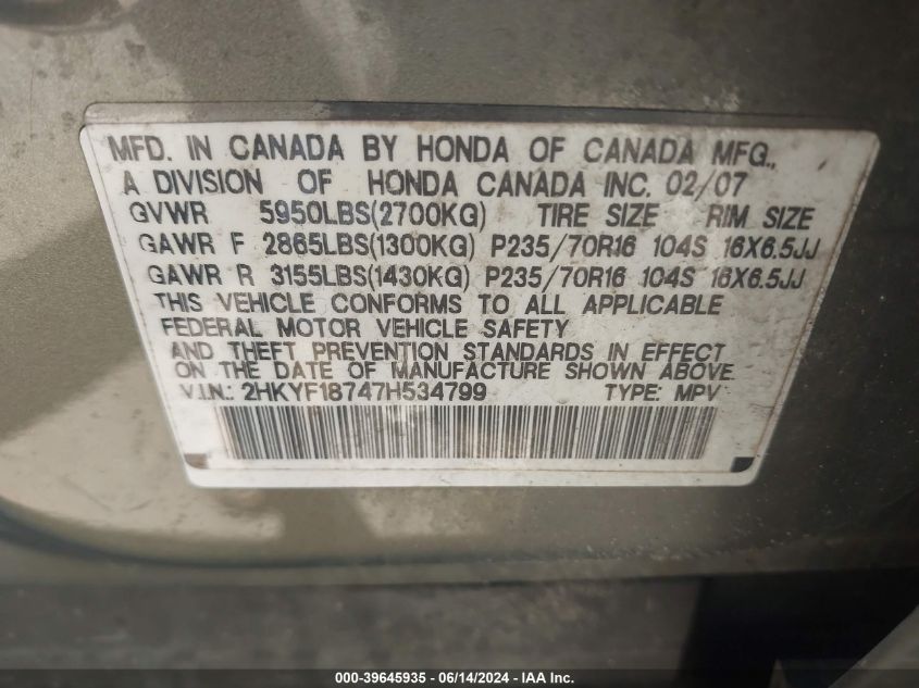 2007 Honda Pilot Ex-L VIN: 2HKYF18747H534799 Lot: 39645935