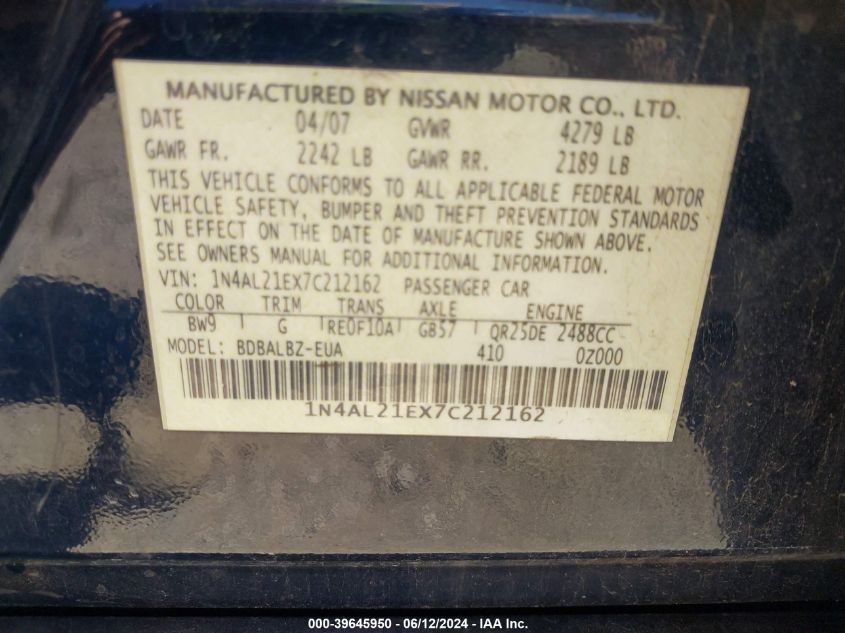 2007 Nissan Altima 2.5 S VIN: 1N4AL21EX7C212162 Lot: 39645950