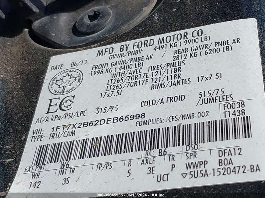 2013 Ford F-250 Xlt VIN: 1FT7X2B62DEB65998 Lot: 39645955