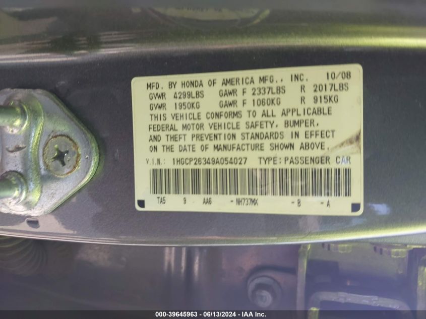 2009 Honda Accord 2.4 Lx VIN: 1HGCP26349A054027 Lot: 39645963