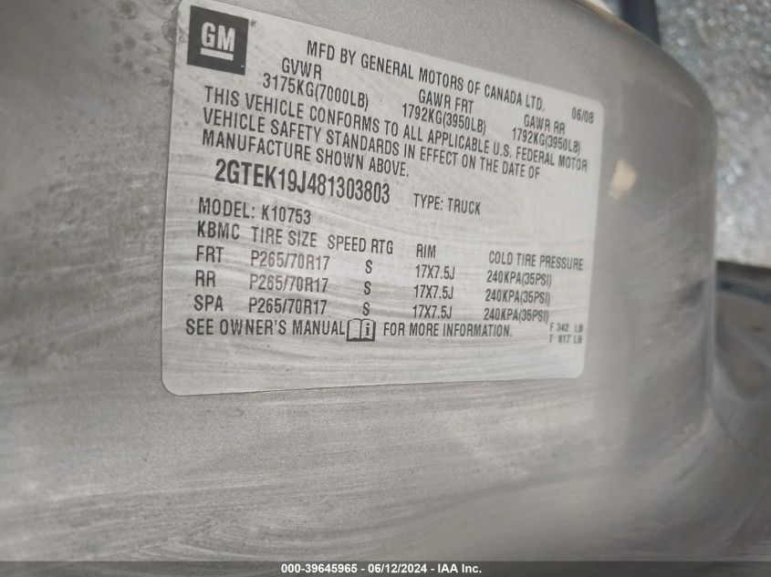 2008 GMC Sierra 1500 Sle2 VIN: 2GTEK19J481303803 Lot: 39645965