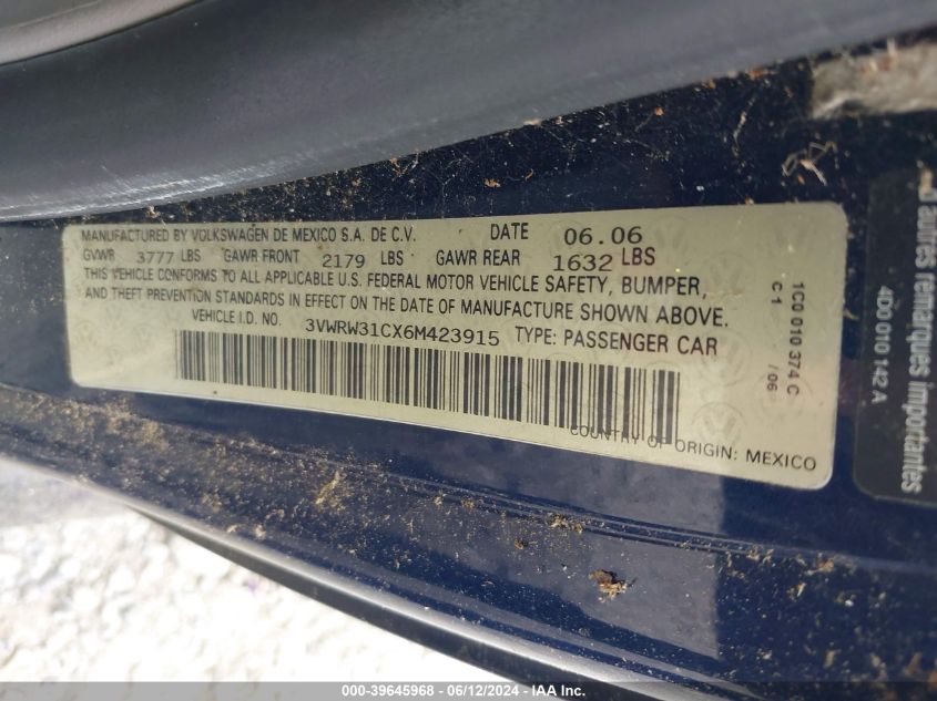 2006 Volkswagen New Beetle 2.5 VIN: 3VWRW31CX6M423915 Lot: 39645968