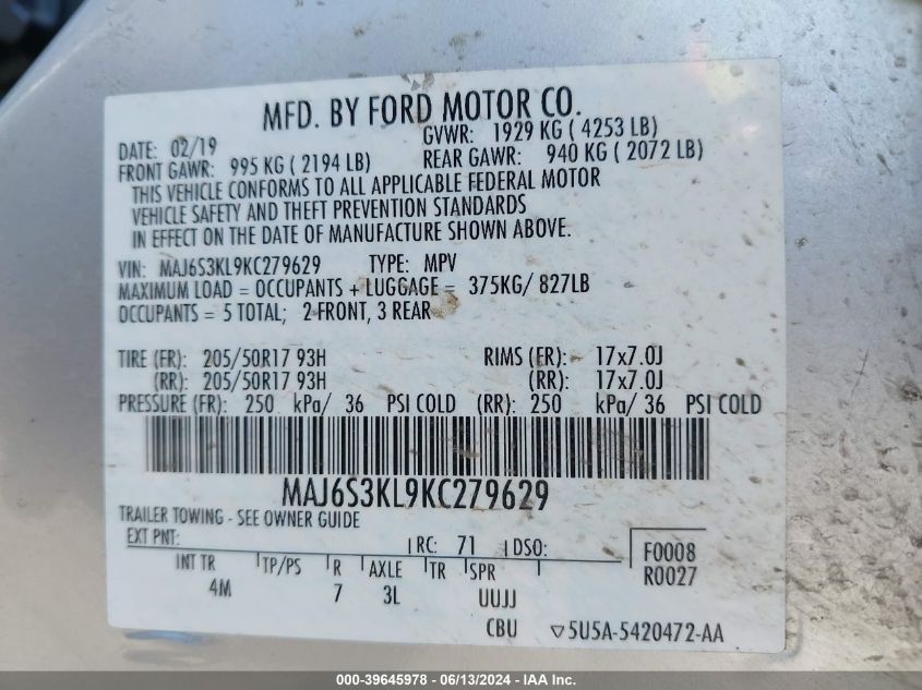 2019 Ford Ecosport Titanium VIN: MAJ6S3KL9KC279629 Lot: 39645978