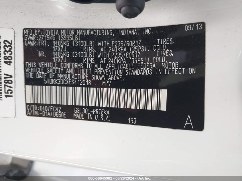 2014 Toyota Sienna Le V6 8 Passenger VIN: 5TDKK3DCXES412018 Lot: 39645982