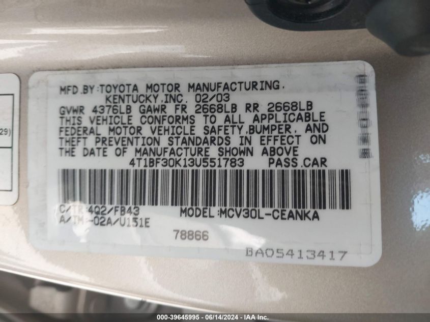 2003 Toyota Camry Le V6 VIN: 4T1BF30K13U551783 Lot: 39645995