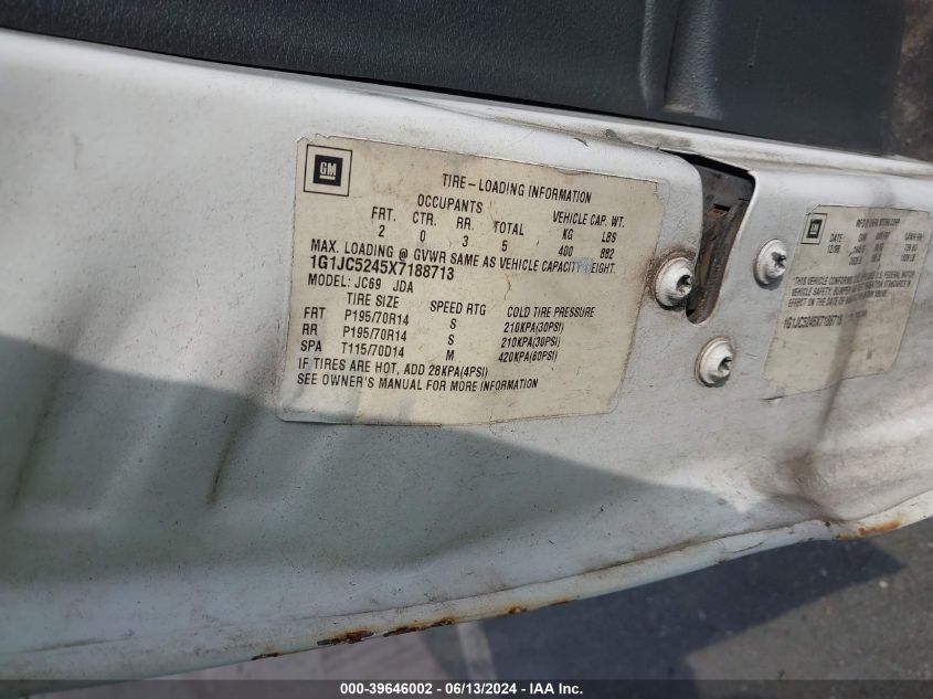 1999 Chevrolet Cavalier VIN: 1G1JC5245X7188713 Lot: 39646002