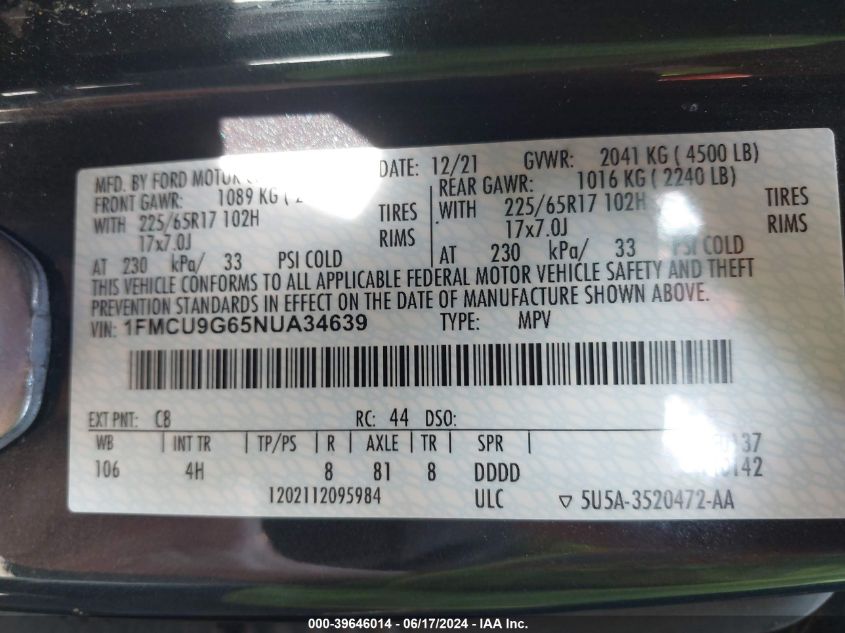 2022 Ford Escape Se VIN: 1FMCU9G65NUA34639 Lot: 39646014