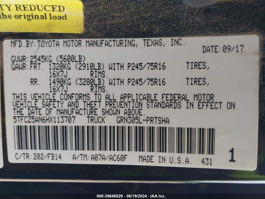 2017 Toyota Tacoma Sr V6 VIN: 5TFCZ5AN6HX113707 Lot: 39646029