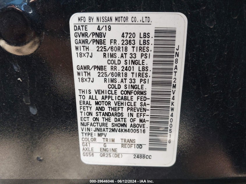 2019 Nissan Rogue Sv VIN: JN8AT2MV4KW400516 Lot: 39646046