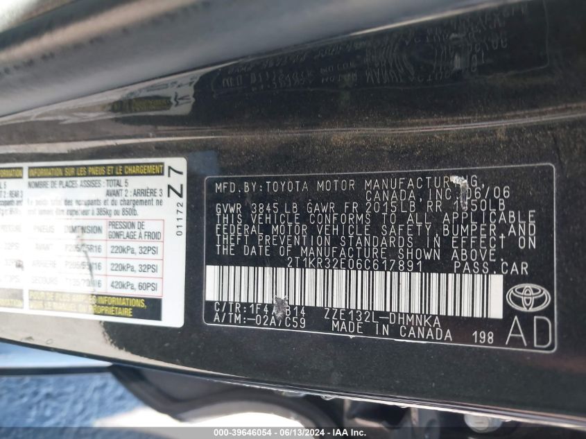 2006 Toyota Matrix Xr VIN: 2T1KR32E06C617891 Lot: 39646054