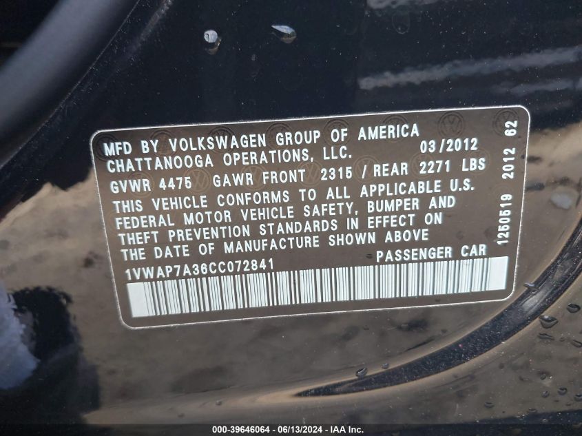 2012 Volkswagen Passat 2.5L S VIN: 1VWAP7A36CC072841 Lot: 39646064