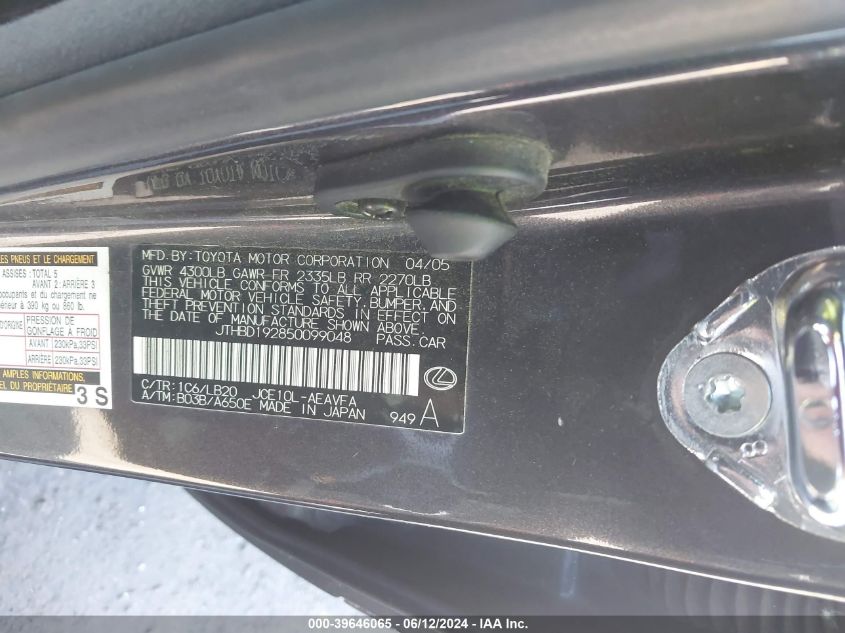 2005 Lexus Is 300 VIN: JTHBD192850099048 Lot: 39646065