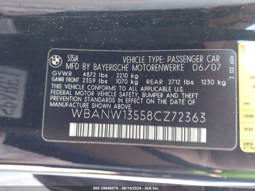 2008 BMW 535I VIN: WBANW13558CZ72363 Lot: 39646070