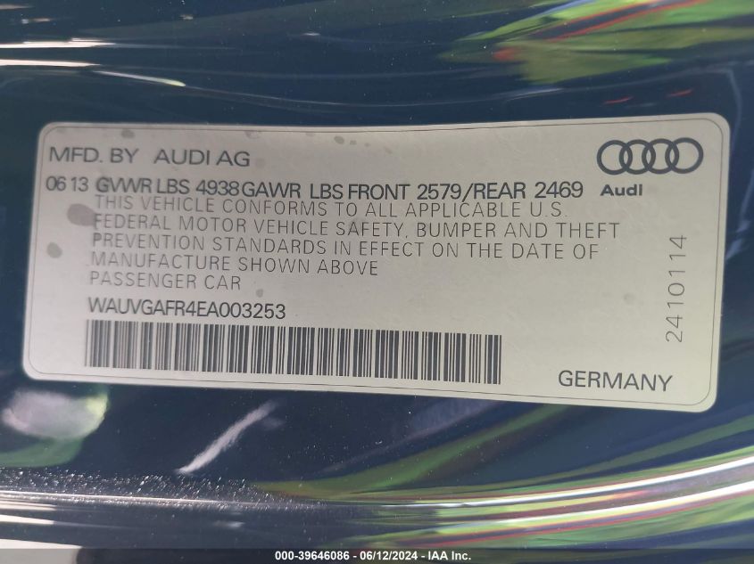 2014 Audi S5 3.0T Premium Plus VIN: WAUVGAFR4EA003253 Lot: 39646086