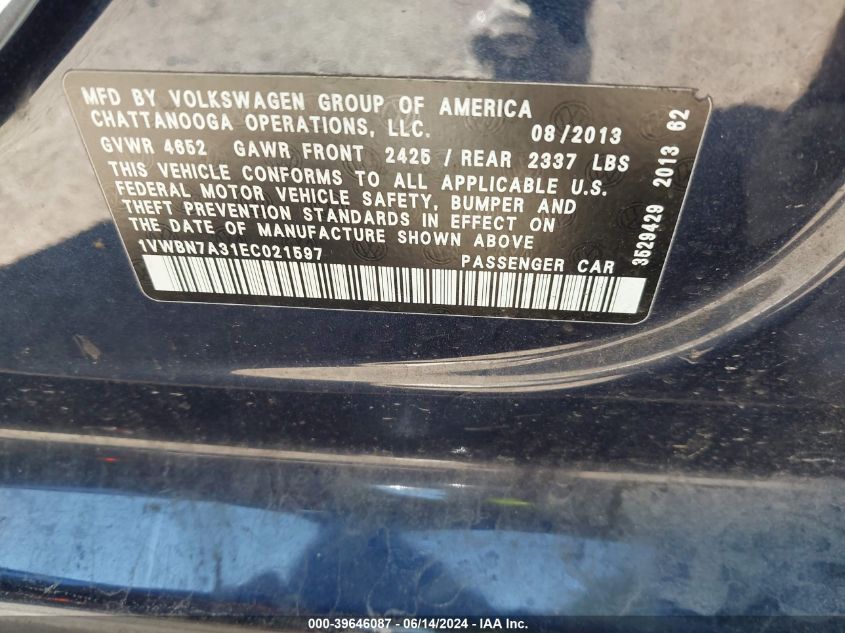 2014 Volkswagen Passat 2.0L Tdi Se VIN: 1VWBN7A31EC021597 Lot: 39646087