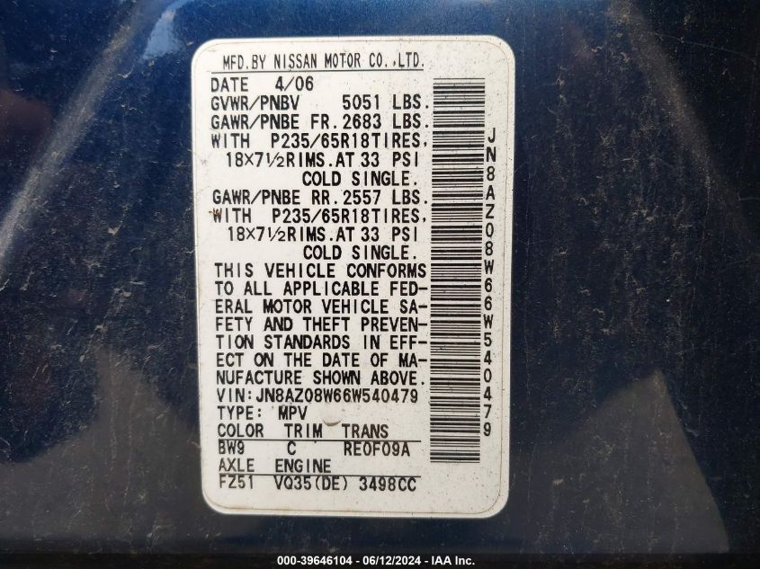 2006 Nissan Murano Sl VIN: JN8AZ08W66W540479 Lot: 39646104