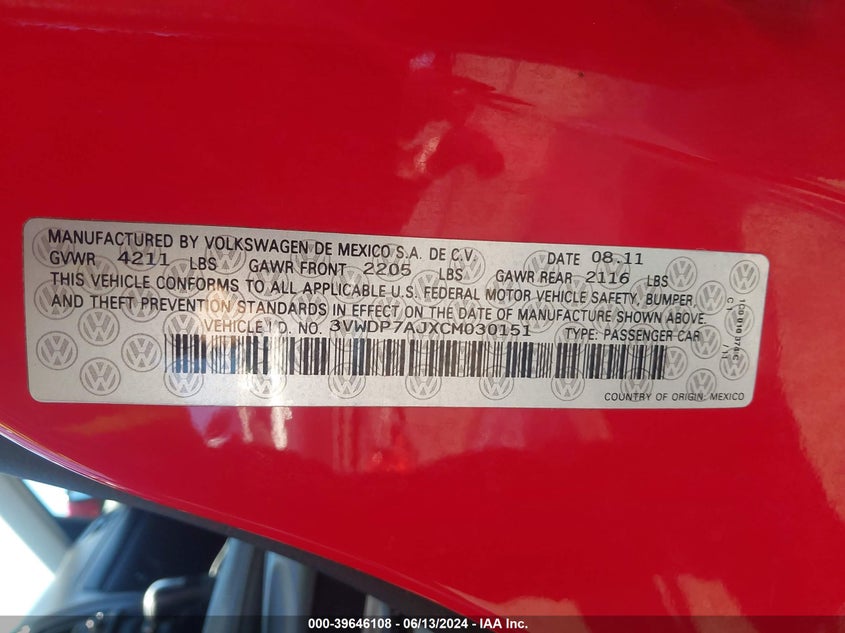 2012 Volkswagen Jetta 2.5L Se VIN: 3VWDP7AJXCM030151 Lot: 39646108