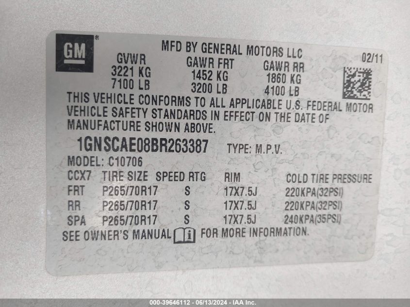 2011 Chevrolet Tahoe Ls VIN: 1GNSCAE08BR263387 Lot: 39646112