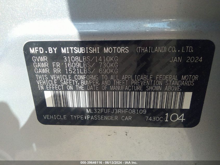 2024 Mitsubishi Mirage G4 Es VIN: ML32FUFJ3RHF08109 Lot: 39646116