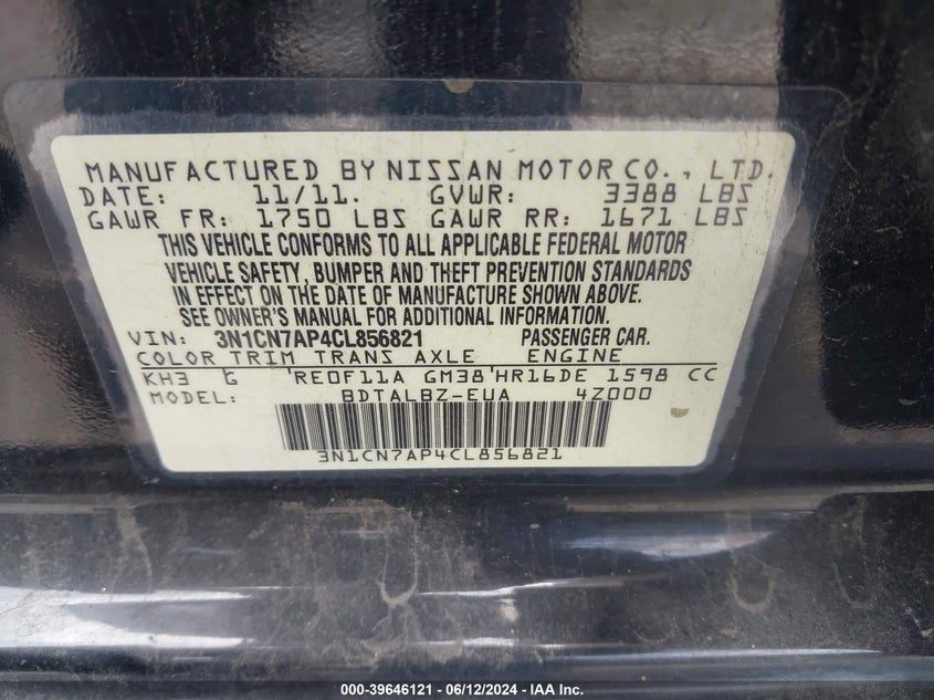 2012 Nissan Versa 1.6 Sv VIN: 3N1CN7AP4CL856821 Lot: 39646121